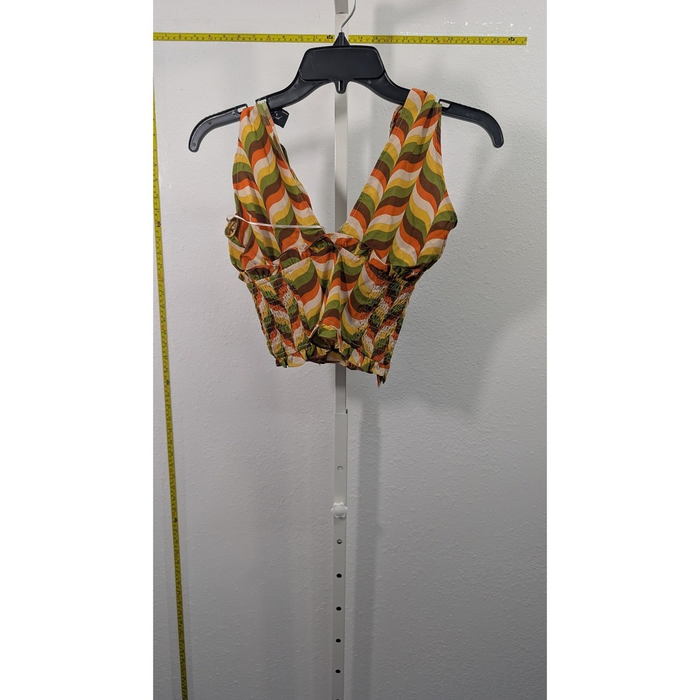 Milk&Honey Retro Wavy Stripe Smocked Crop Top Orange Green Small V-Neck Tie Side